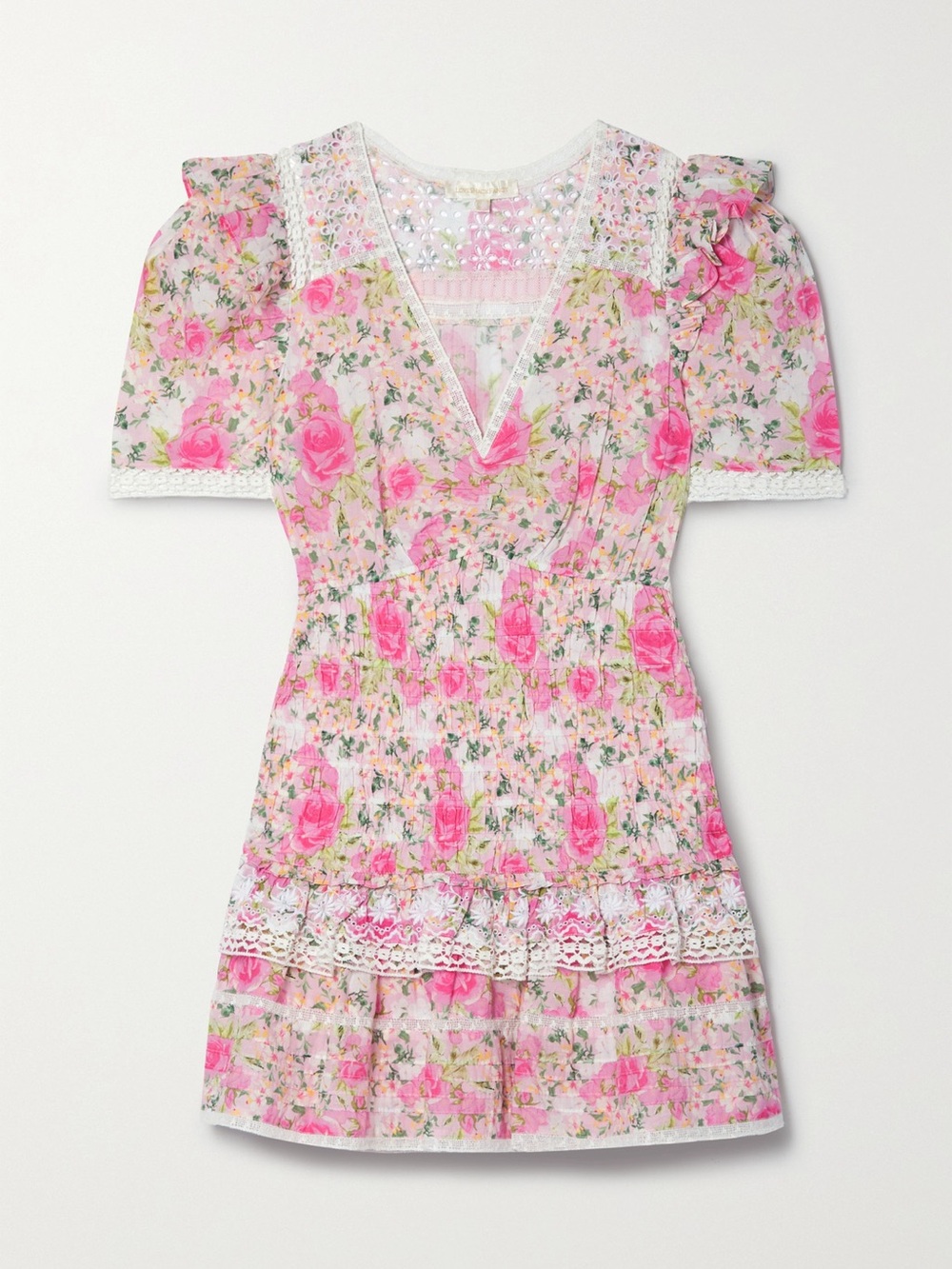 LoveShackFancy Pink Floral Lace-Trim Mini Dress
